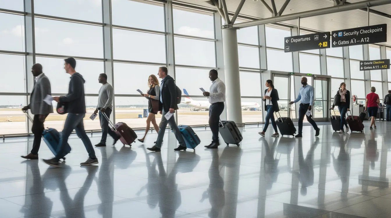 A busy airport terminal scene shows passengers walking with rolling luggage and boarding passes in hand, ready to fly with Southwest Airlines. The atmosphere is lively as travelers navigate through the terminal, making their way to their gates.