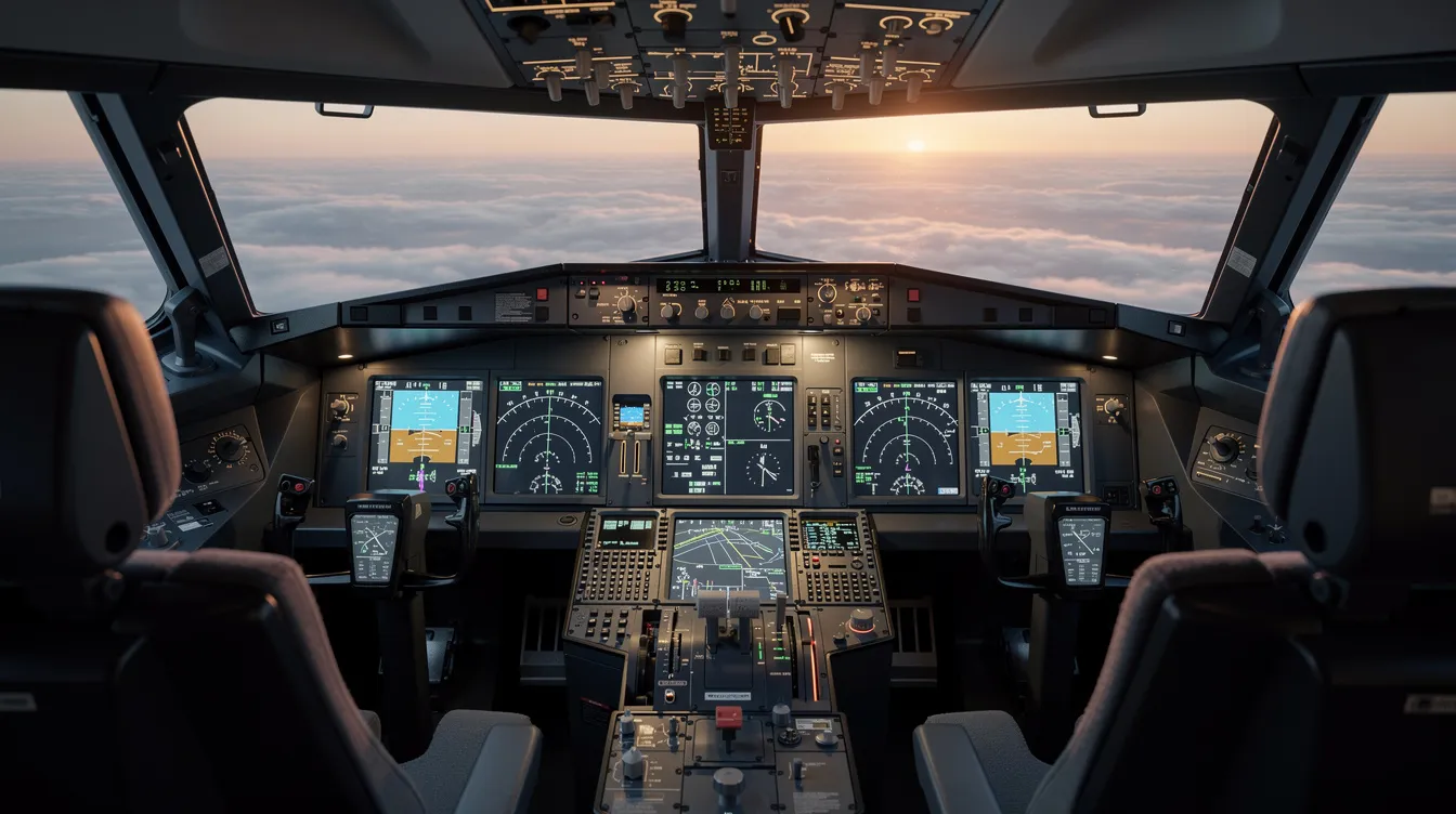 The image depicts a modern aircraft cockpit featuring advanced digital flight instruments and control panels, designed for easy navigation and control during flights, such as those offered by Southwest Airlines. The high-tech environment emphasizes safety and efficiency, making flying a seamless experience for passengers.