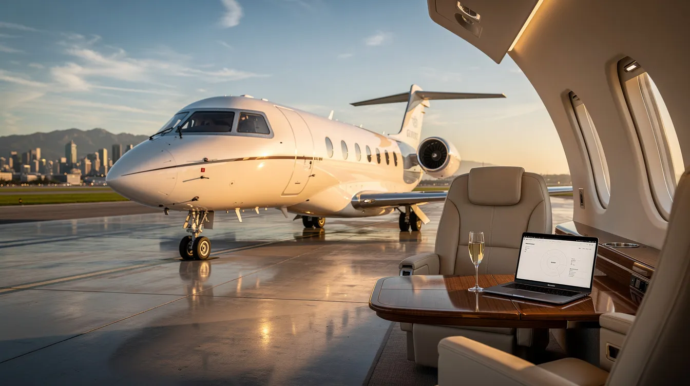 The image depicts a sleek private jet parked at the newly constructed general aviation terminal at Southwest Florida International Airport in Fort Myers, FL. This facility, designated as a Federal Aviation Administration reliever airport, provides quick and convenient access for business traffic and features three concrete runways.