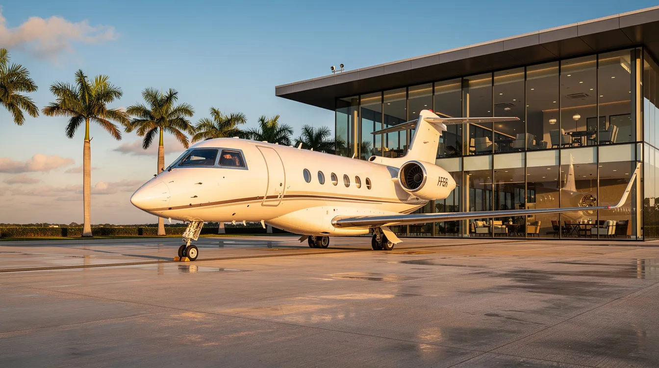 A private jet is parked on the palm-tree-lined ramp beside a modern FBO terminal building at Southwest Florida International Airport in Fort Myers. The scene captures the essence of general aviation in a vibrant, sunny setting, emphasizing the convenient access for business traffic in the area.