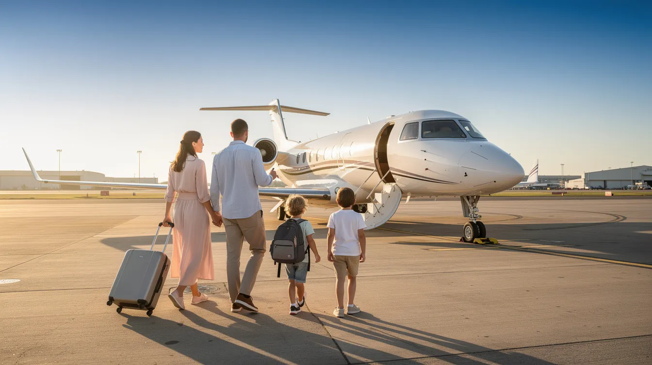 Family walking toward a private jet on a sunny tarmac, ready for vacation.