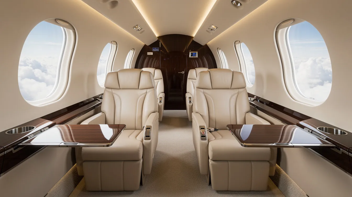 Private jet interior with plush seats and large windows showing clouds.