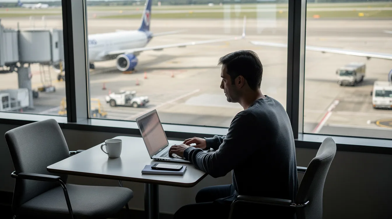 Traveler using laptop at airport, planning a trip with digital tools.
