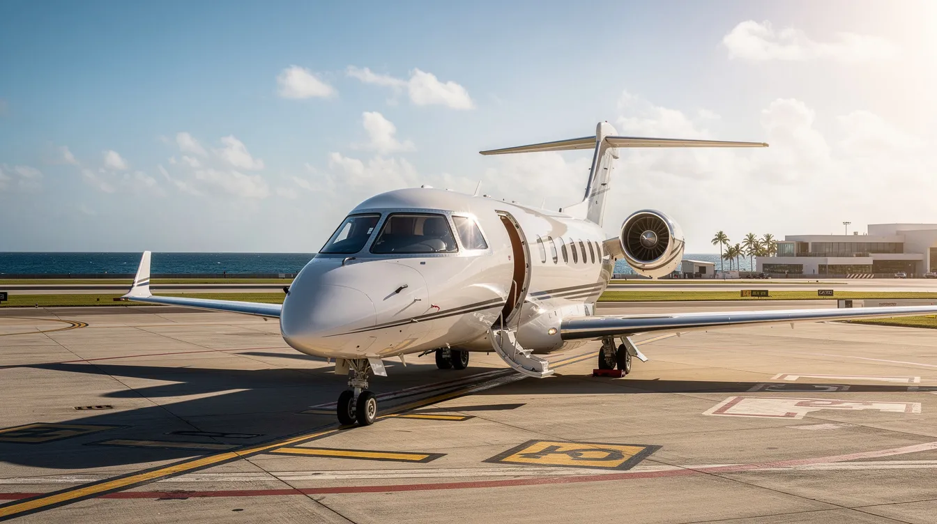 A small private jet is parked on a sunny tarmac at Key West International Airport, with the ocean visible in the background. This scene captures the essence of travel in the Florida Keys, highlighting the airport's facilities and its proximity to the beautiful coastline.
