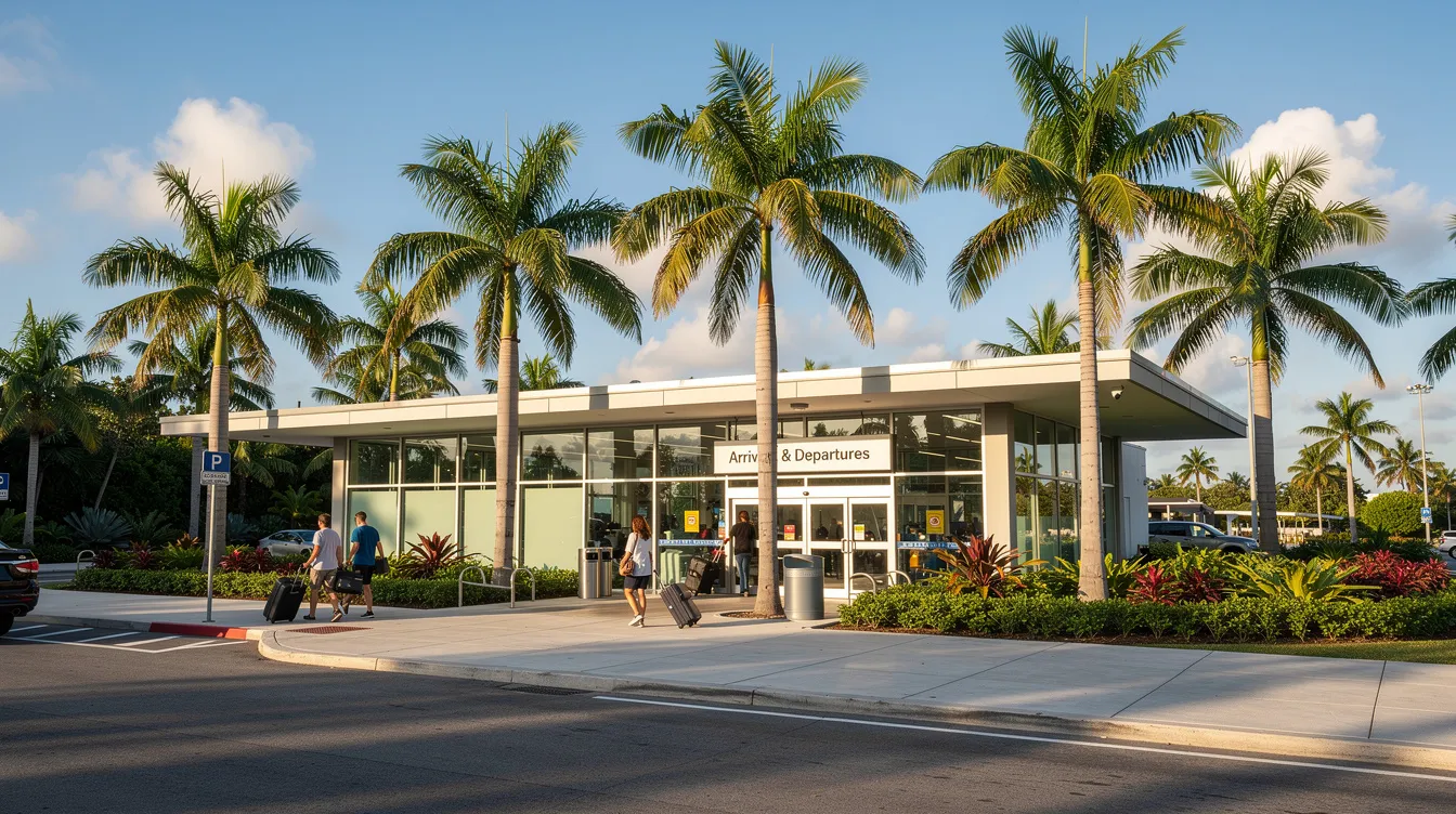 The image depicts a small airport terminal building surrounded by palm trees under a bright, sunny sky, representing the Key West International Airport in Florida. This scene captures the essence of travel in the Florida Keys, with the terminal serving as a gateway for flights to and from various destinations.