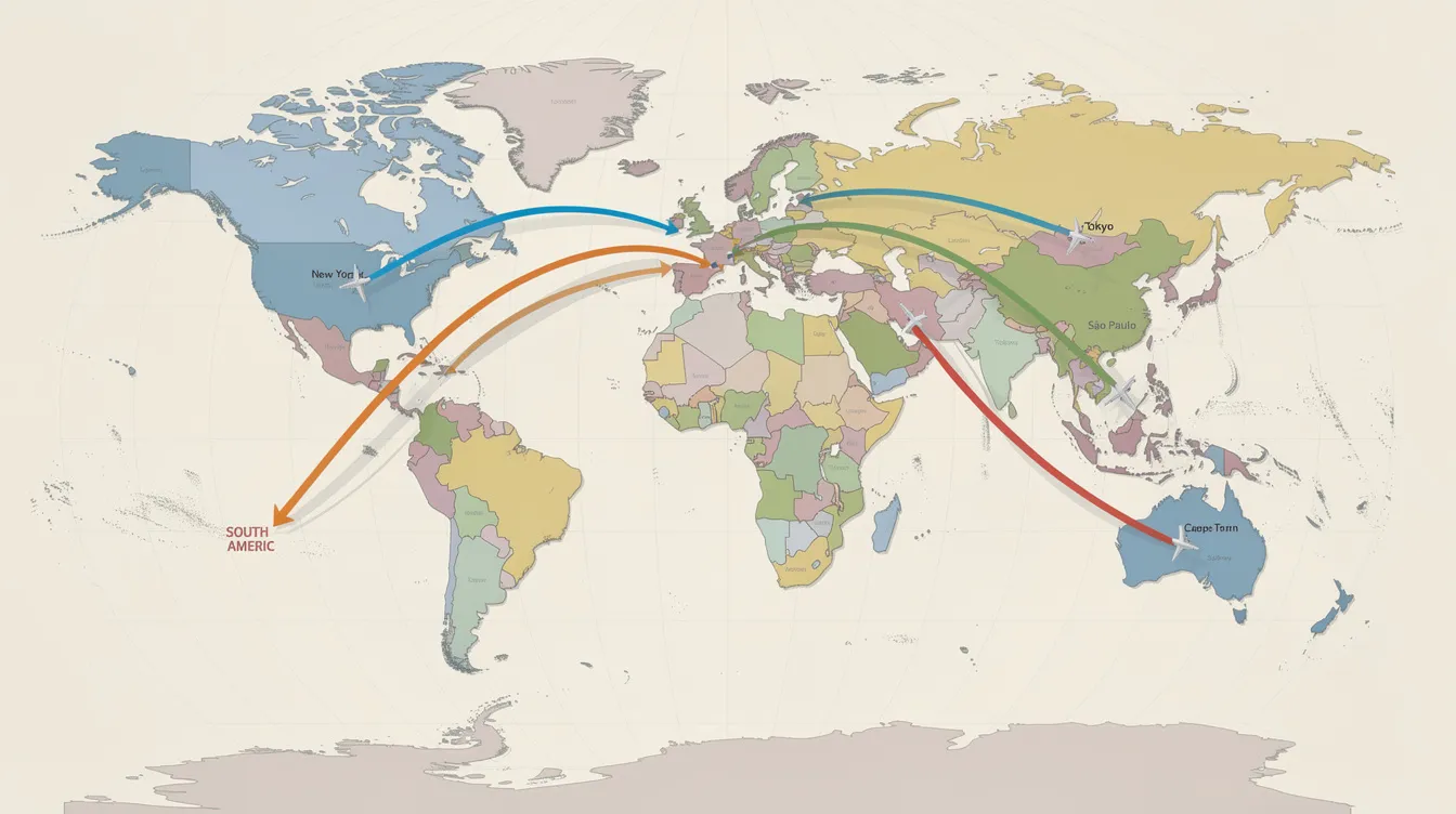 The image depicts a world map with several curved flight path lines connecting different continents, symbolizing the routes used for international medical transport. This visual representation highlights the logistics involved in air ambulance services, essential for medical emergencies requiring specialized care across long distances.