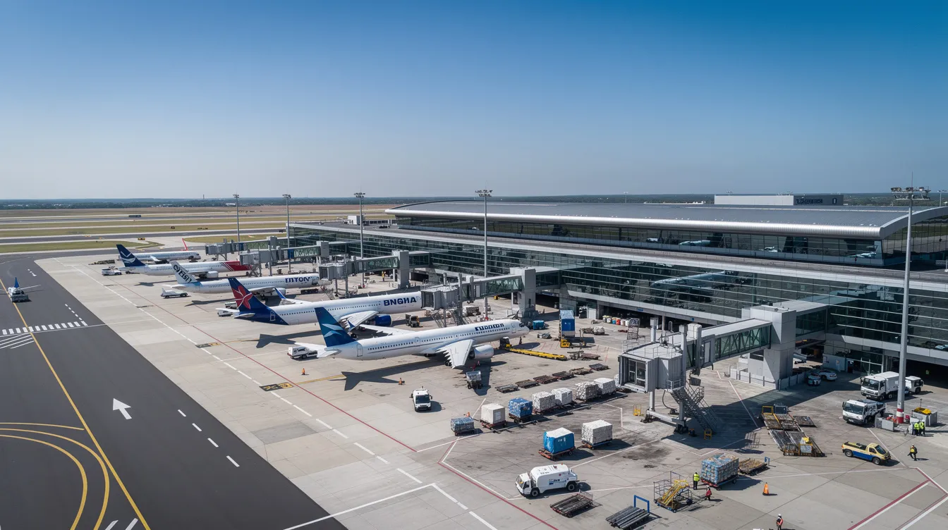 The image depicts a modern airport terminal bustling with activity, showcasing multiple aircraft parked at their gates under a clear blue sky. This scene captures the essence of commercial flight operations, highlighting the importance of aviation safety and the role of the national transportation safety board in monitoring airline safety statistics.