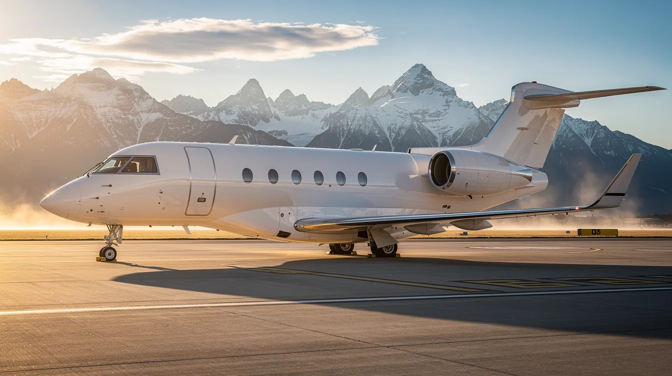 A sleek private jet is parked on a sunlit tarmac, with majestic mountains in the background, highlighting the allure of general aviation. The scene captures the elegance of the aircraft, contrasting with the serene landscape, evoking thoughts of luxury travel and the safety measures overseen by the National Transportation Safety Board.