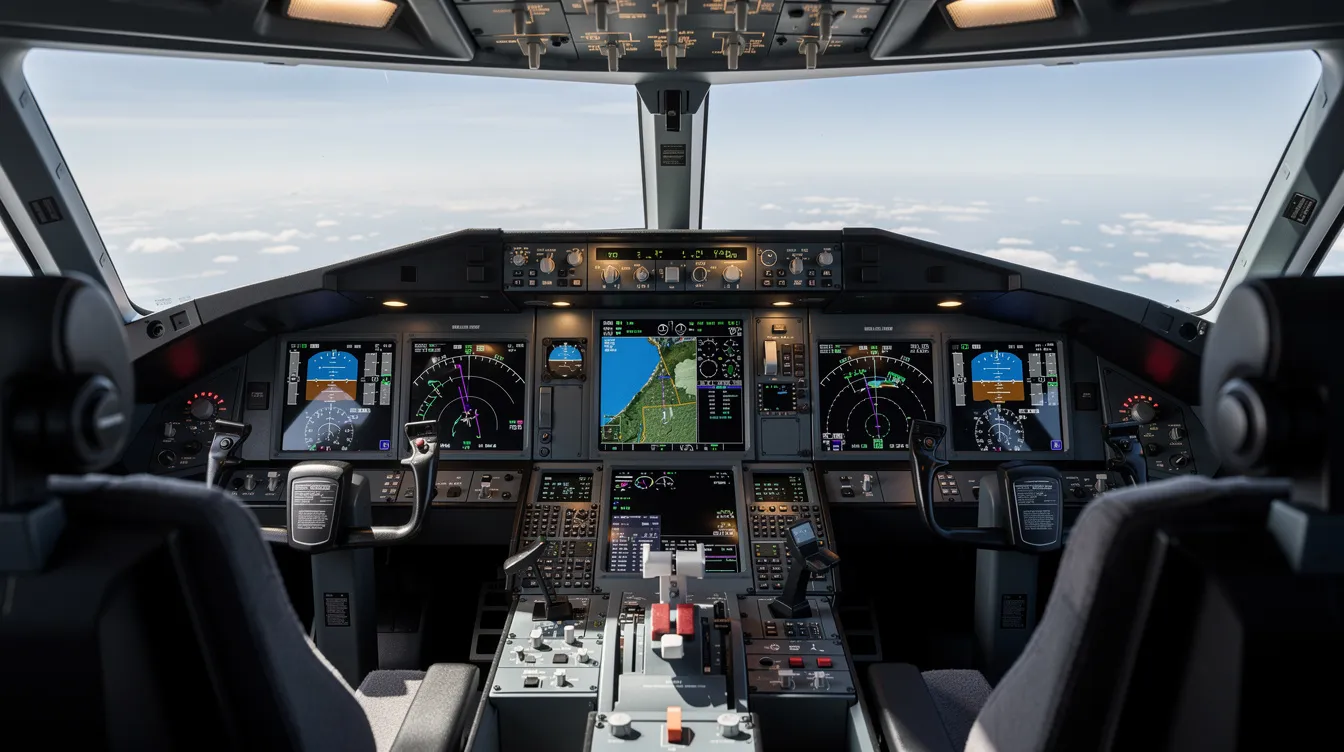 The image shows a modern glass cockpit of a commercial airplane, featuring advanced digital flight displays that provide pilots with essential flight information. This high-tech setup is crucial for ensuring safe navigation and operation during various flight events, including takeoff and landing.