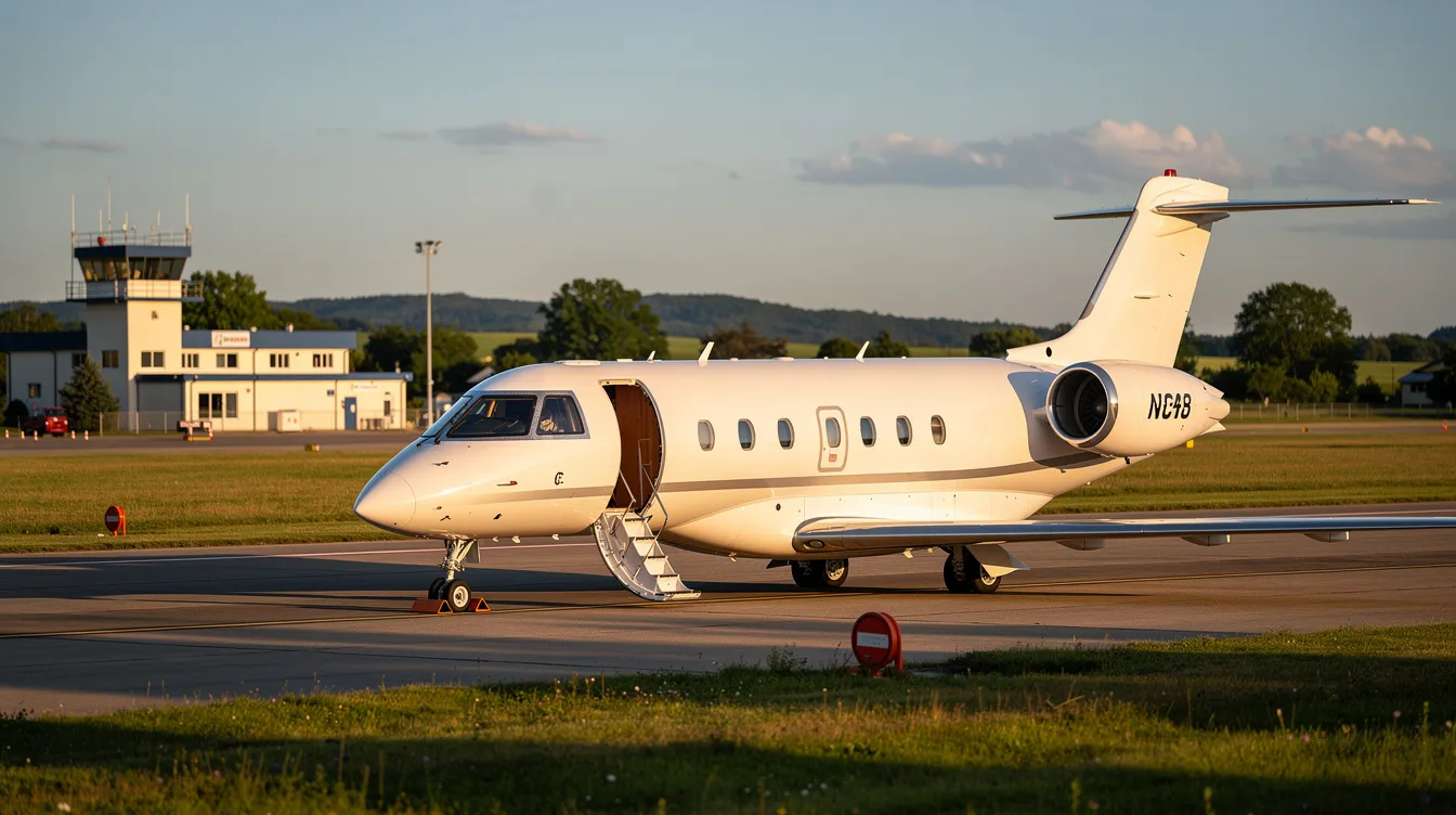 A private jet is parked on the tarmac of a small regional airport, surrounded by lush green landscape, indicating a serene setting for air medical transport services. This scene reflects the accessibility of rapid air medical transport to nearest appropriate facilities in case of a medical emergency.