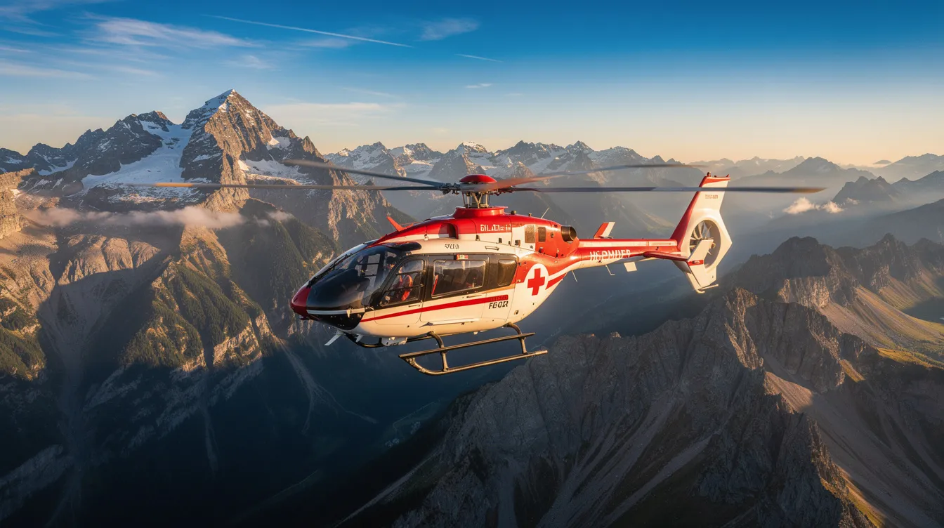 A medical helicopter, serving as an air ambulance, hovers above rugged mountainous terrain with snow-capped peaks, ready for rapid air medical transport to the nearest appropriate facility in case of a medical emergency. The aircraft symbolizes the vital role of air medical services in providing timely assistance to patients in remote locations.