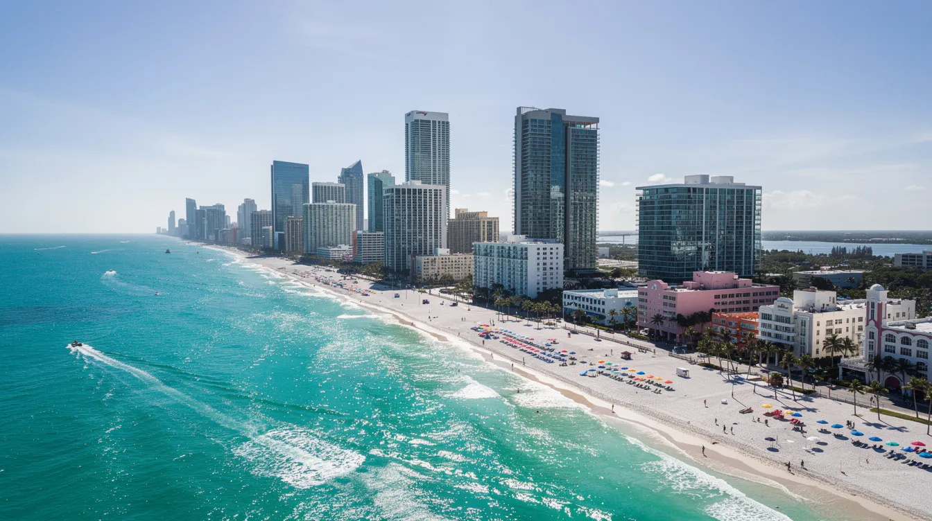 An aerial view showcases the stunning Miami skyline, with its tall buildings set against a backdrop of a turquoise ocean and white sandy beaches. This vibrant scene is a popular destination for travelers seeking flights from New York to Miami, particularly for those looking to enjoy the city's beautiful coastlines.