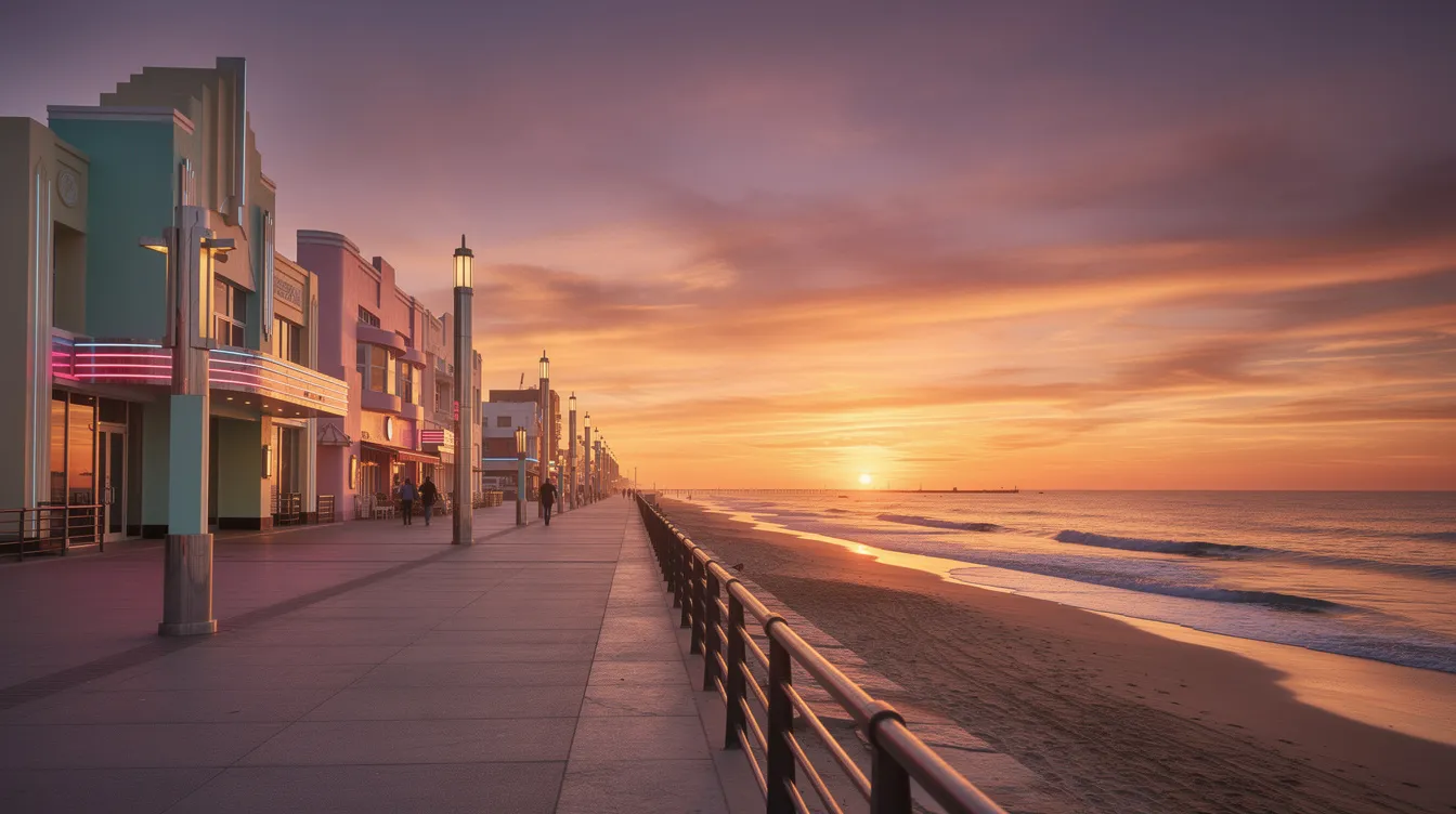 The image depicts a vibrant sunset over the ocean, viewed from a beachfront promenade lined with charming art deco buildings. The warm hues of orange and pink in the sky reflect on the water, creating a picturesque scene that captures the essence of Miami's coastal beauty.