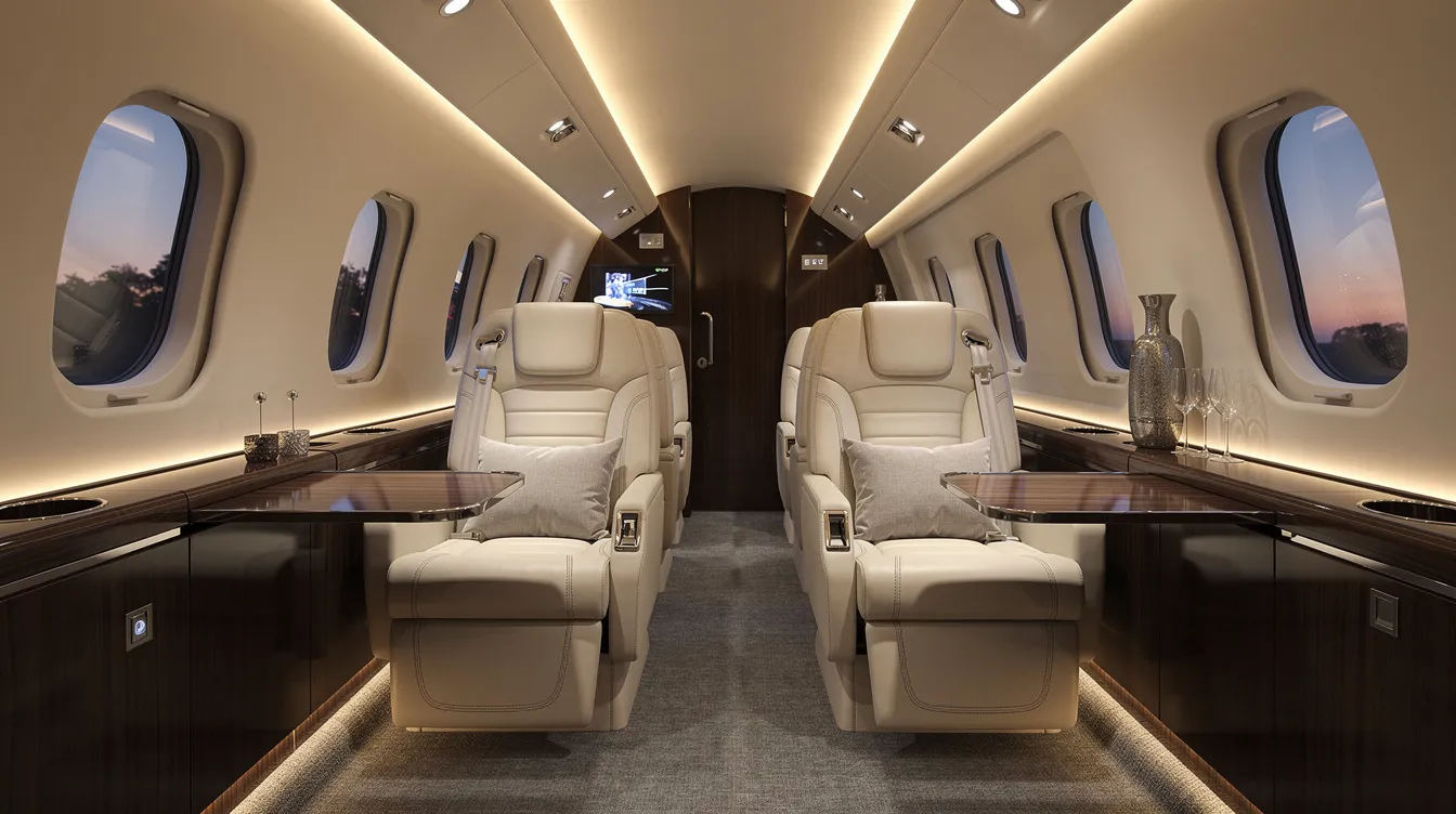 The image depicts the interior of a modern private jet cabin featuring luxurious leather seats and soothing ambient lighting, creating a comfortable atmosphere for travelers. This setting is ideal for those seeking a premium travel experience, such as flights from New York to Miami.