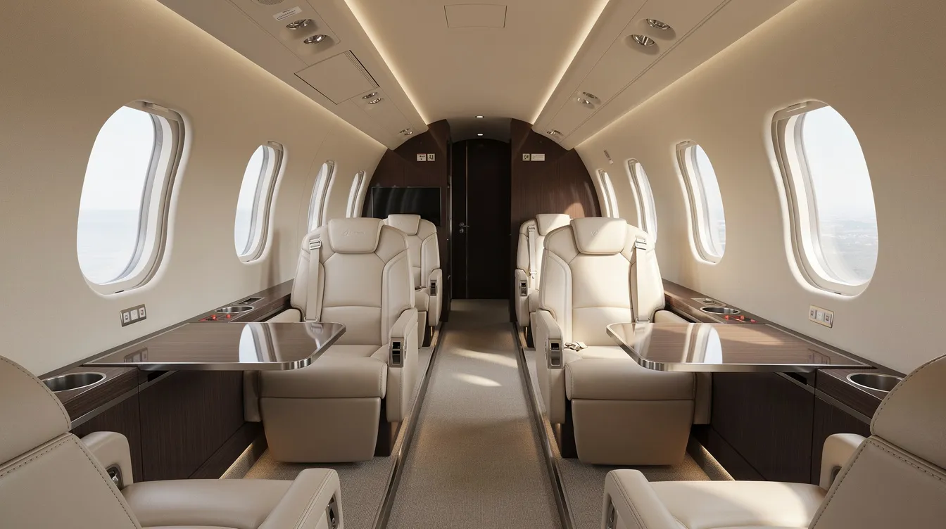 The image depicts the interior of a modern private jet cabin featuring plush leather seats and abundant natural light streaming through large windows, creating a luxurious and inviting atmosphere for travelers. This elegant space is ideal for those seeking comfort during their flight from major cities like New York to Miami.