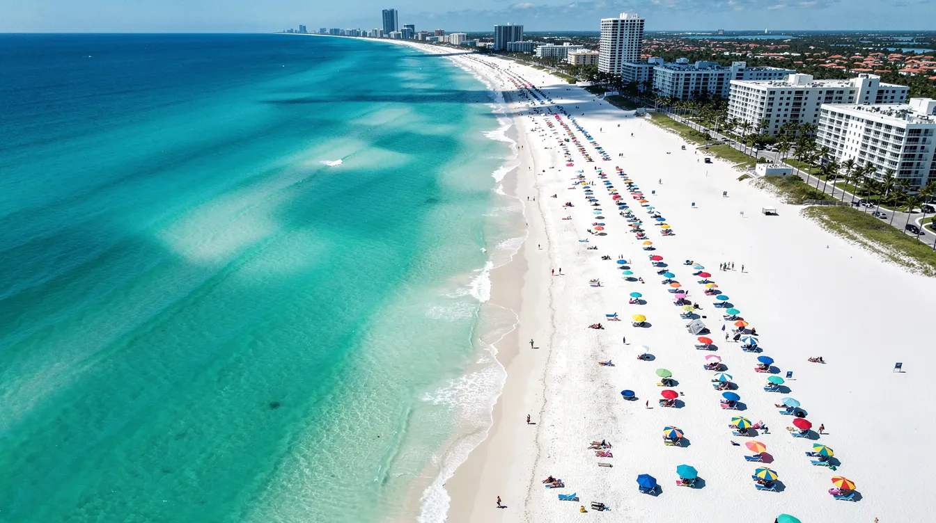 An aerial view of the Miami Beach coastline showcases the stunning turquoise waters gently lapping against the pristine white sand, creating a picturesque scene of relaxation and beauty. This popular destination is easily accessible through direct flights from major cities like New York, including departures from Miami International Airport and Kennedy International Airport.