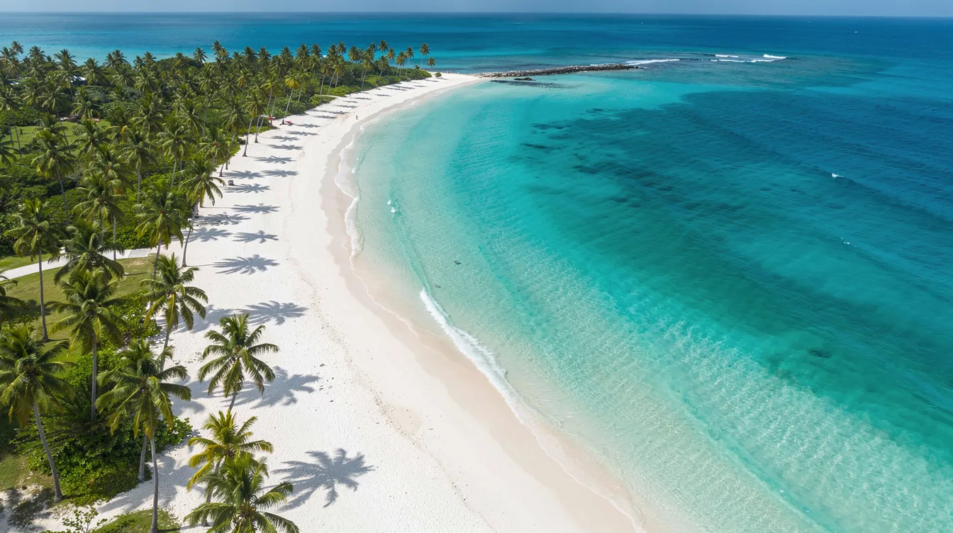 An aerial view captures the stunning turquoise Caribbean ocean merging with a pristine white sand beach lined with swaying palm trees, evoking a tropical paradise. This picturesque scene is reminiscent of popular vacation destinations like Aruba, accessible via direct flights from major airports such as Newark Liberty International and Kennedy International.