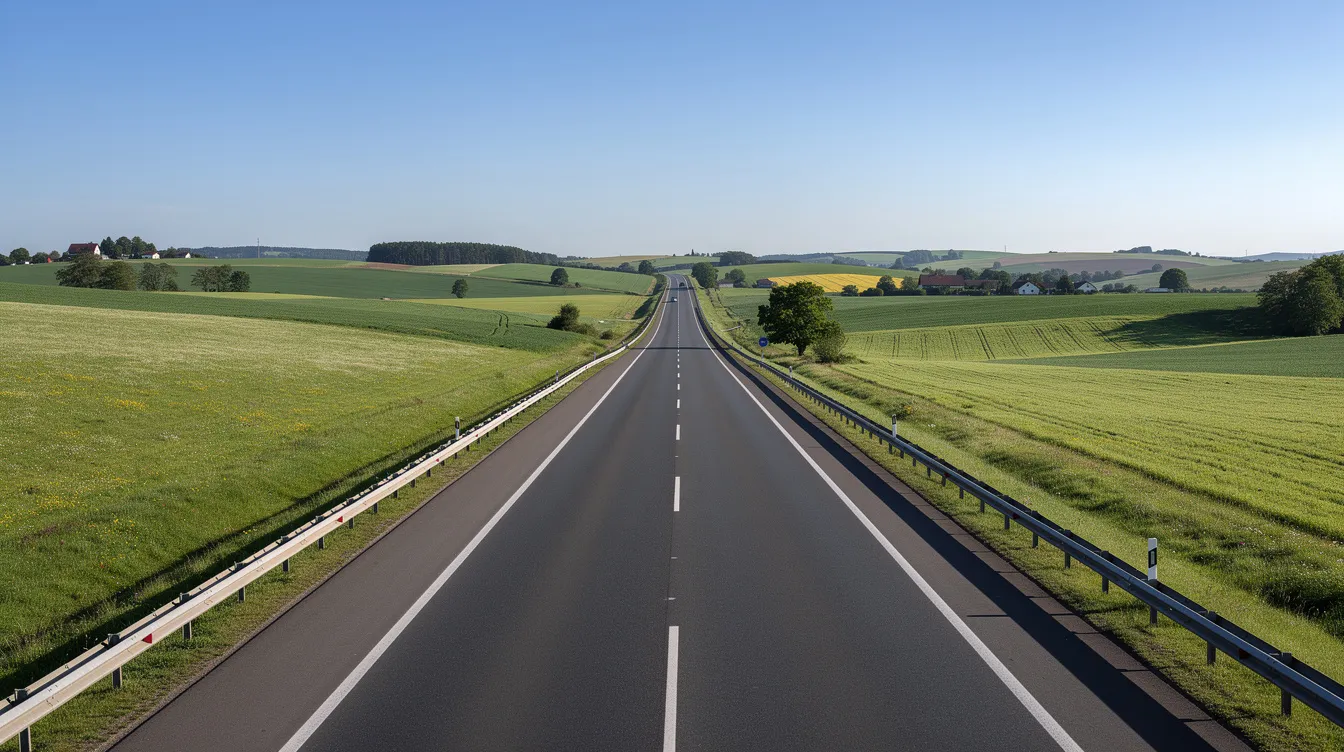 A long highway stretches through lush green countryside under a clear blue sky, inviting travelers on a scenic journey. This route could connect major cities like New York to Miami, making it an ideal choice for those planning their next trip to South Florida.