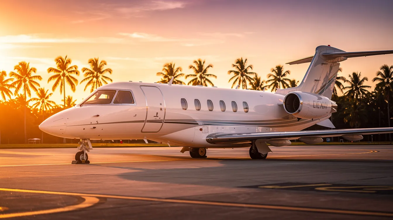 A small private jet is parked on a tarmac at sunset, with vibrant orange and pink hues in the sky and palm trees silhouetted in the background, creating a serene atmosphere ideal for travelers heading from New York to Miami. This scene evokes the luxury and convenience of direct flights to major cities like Miami, perfect for those planning their next trip to South Florida.