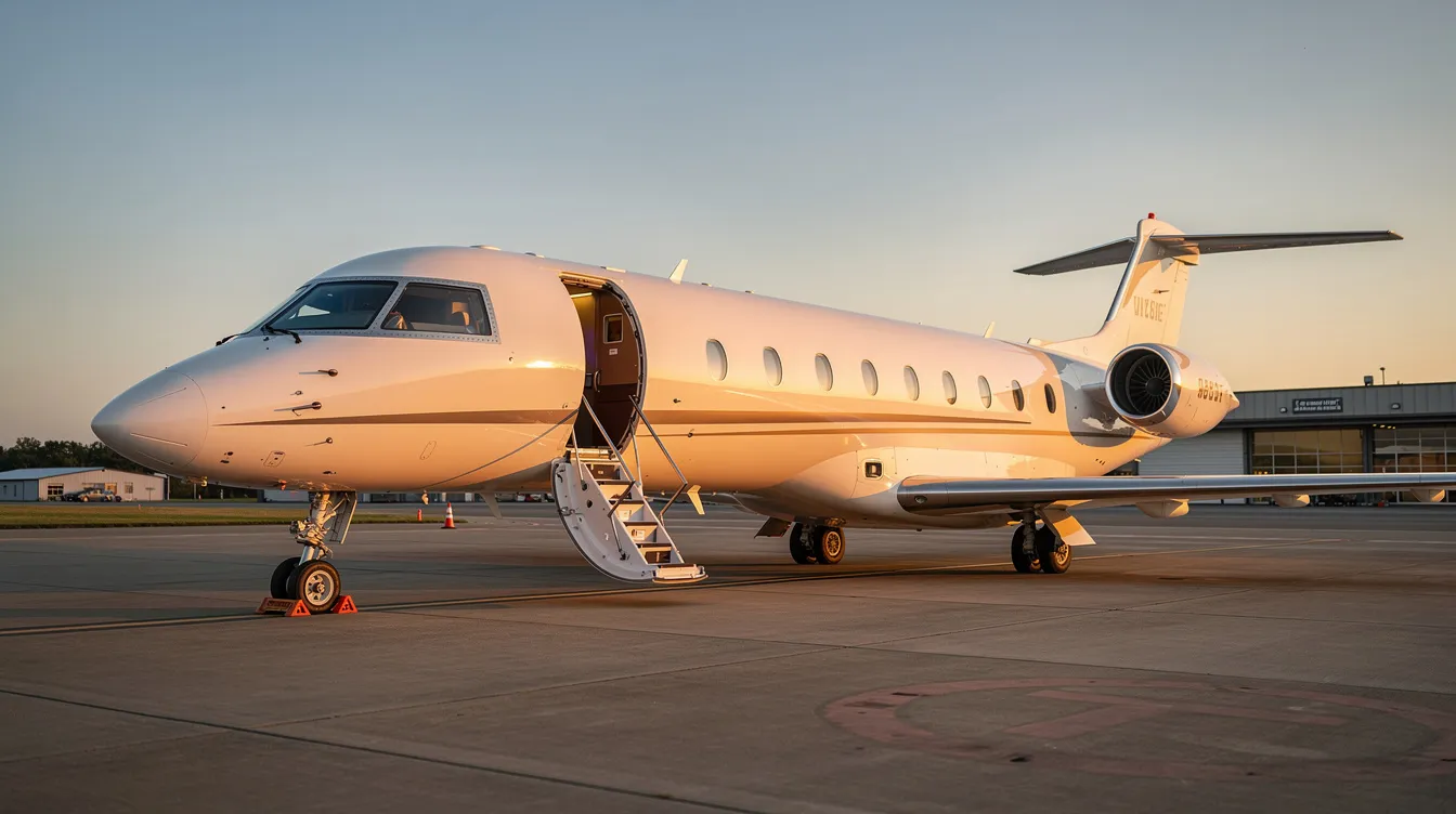 A sleek private jet is parked on the tarmac of a small regional airport, with its cabin door open and stairs extended, inviting passengers to board. This luxurious travel experience offers ample personal space and onboard service, making it a convenient choice for travelers in Texas.