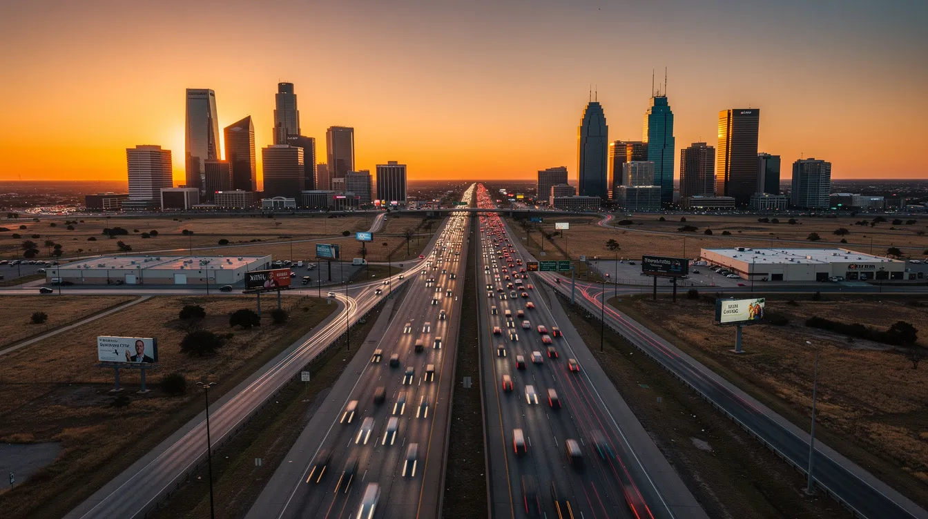 An expansive aerial view captures a Texas highway connecting two vibrant city skylines at sunset, with the warm hues of the sky reflecting the bustling urban life of Dallas and Fort Worth. This scene highlights the beauty of Texas travel, reminiscent of the convenient and luxurious experiences offered by companies like Vonlane, as travelers embark on their journeys across the state.