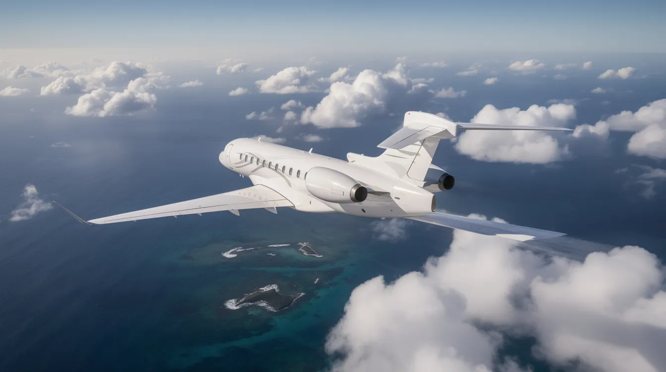 A sleek white business jet is soaring above scattered clouds at a cruising altitude, with the vast ocean visible below. This high altitude flight showcases the jet's efficient performance as it navigates through thin air.
