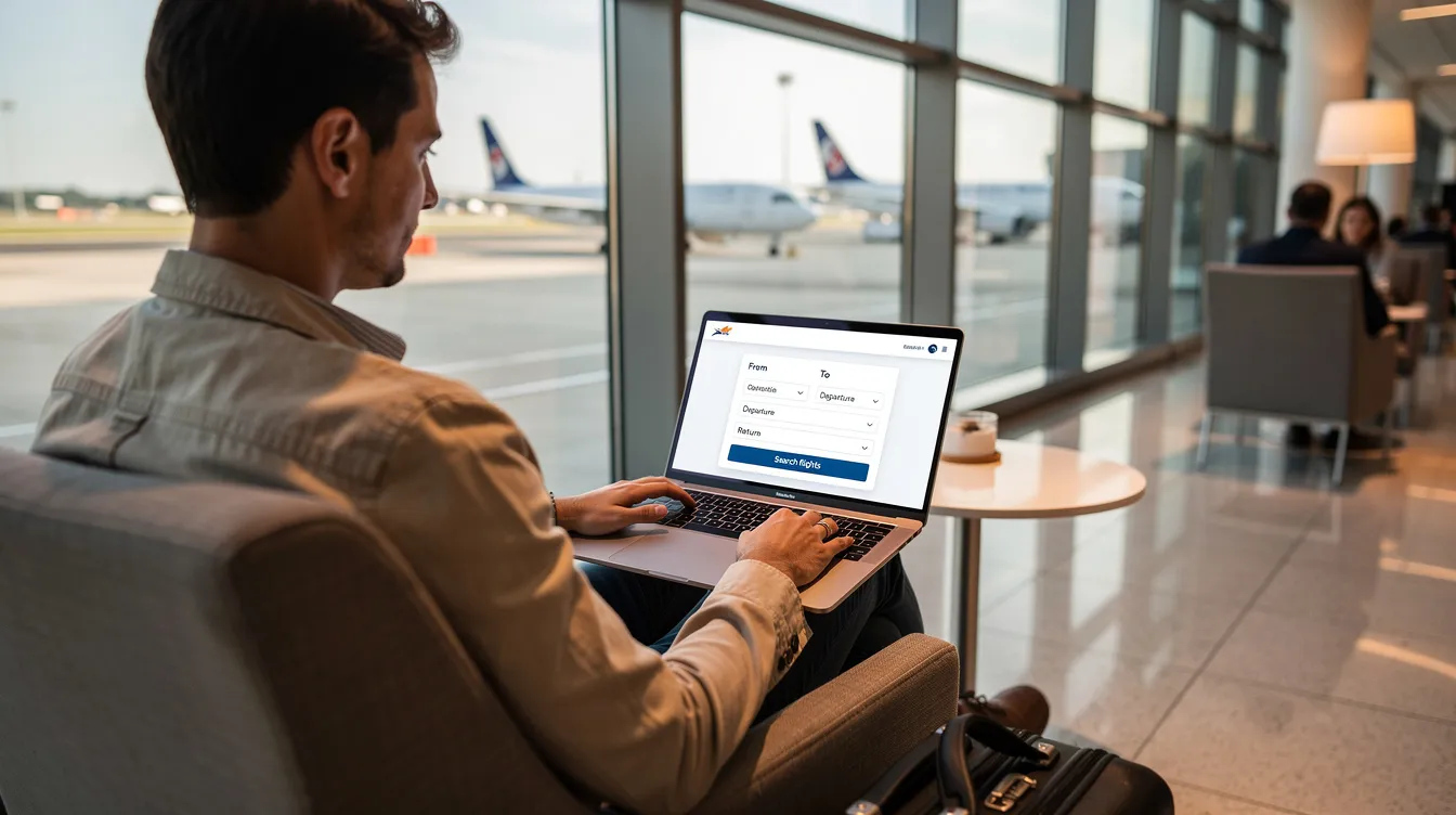A person is seated in an airport lounge, focused on their laptop as they browse flight options on a digital platform, embodying the commitment to excellence in aviation services. The scene reflects the busy yet organized environment of aircraft management, typical of Richmor Aviation Inc., where clients explore their travel choices.