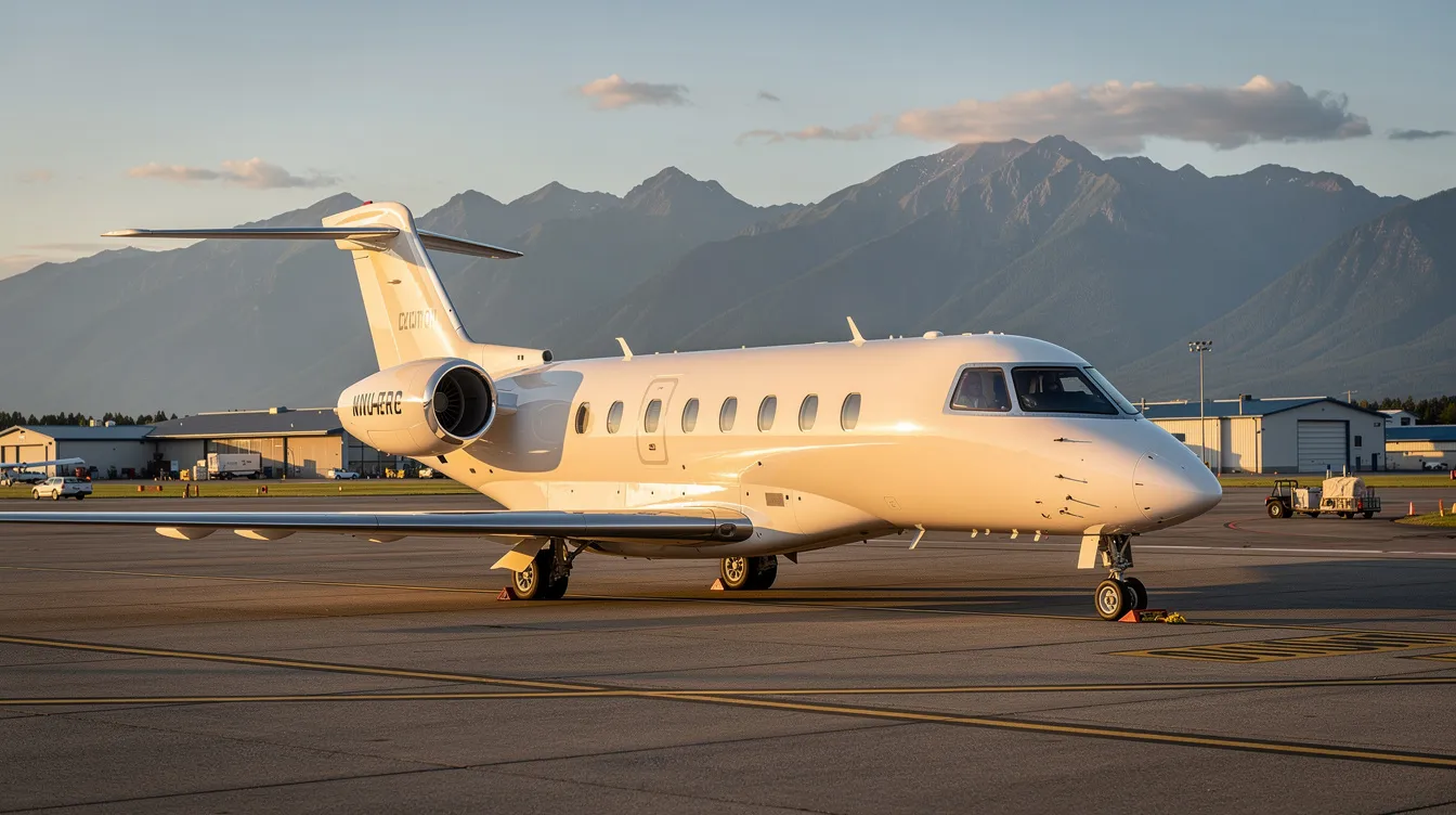 A sleek private jet is parked on a tarmac at a small regional airport, with majestic mountains rising in the background, showcasing the allure of flying opportunities and travel benefits. The scene reflects the modern fleets that many of the best airlines utilize for both domestic and international flights.