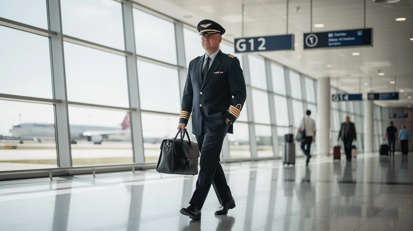 A commercial airline pilot is seen walking through a bustling airport terminal, carrying a flight bag, ready for their next flying opportunity. The scene captures the essence of airline life, showcasing the professional environment that pilots, including those from the best airlines, navigate daily.