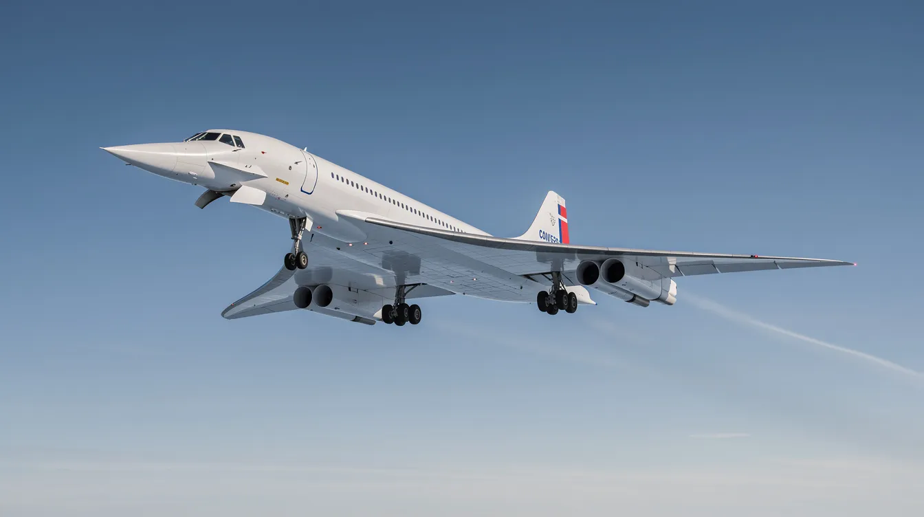 The image depicts the Concorde, the fastest commercial aircraft, soaring through a clear sky with its iconic delta wings and drooped nose, symbolizing the pinnacle of supersonic flight in the aviation industry. This luxury commercial airliner is known for its impressive cruise speed and ability to fly faster than the speed of sound, marking a significant era in aviation history.