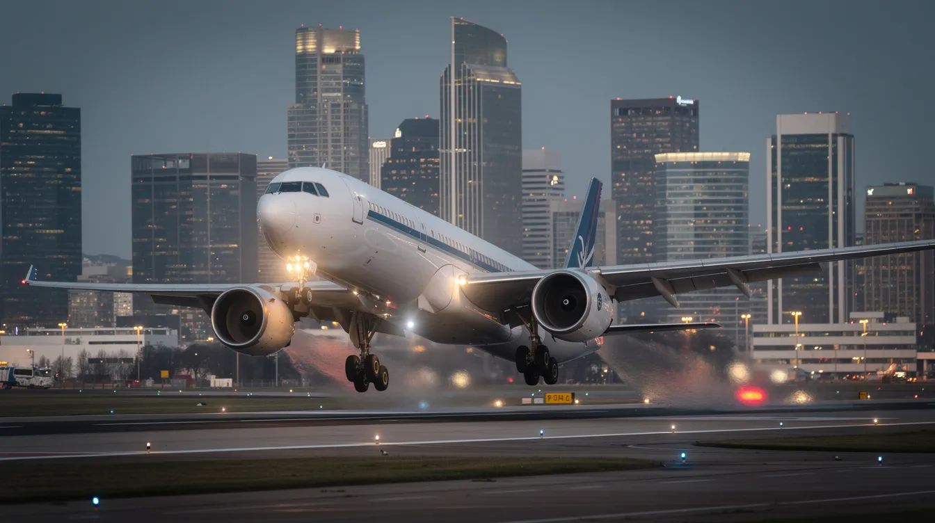 A modern wide-body commercial jet, resembling a Boeing or Airbus, takes off from a runway, showcasing its raked wingtips against a vibrant city skyline in the background. This scene captures the essence of commercial aviation as the aircraft accelerates, reaching its typical cruise speed while symbolizing the advancements in the aviation industry.