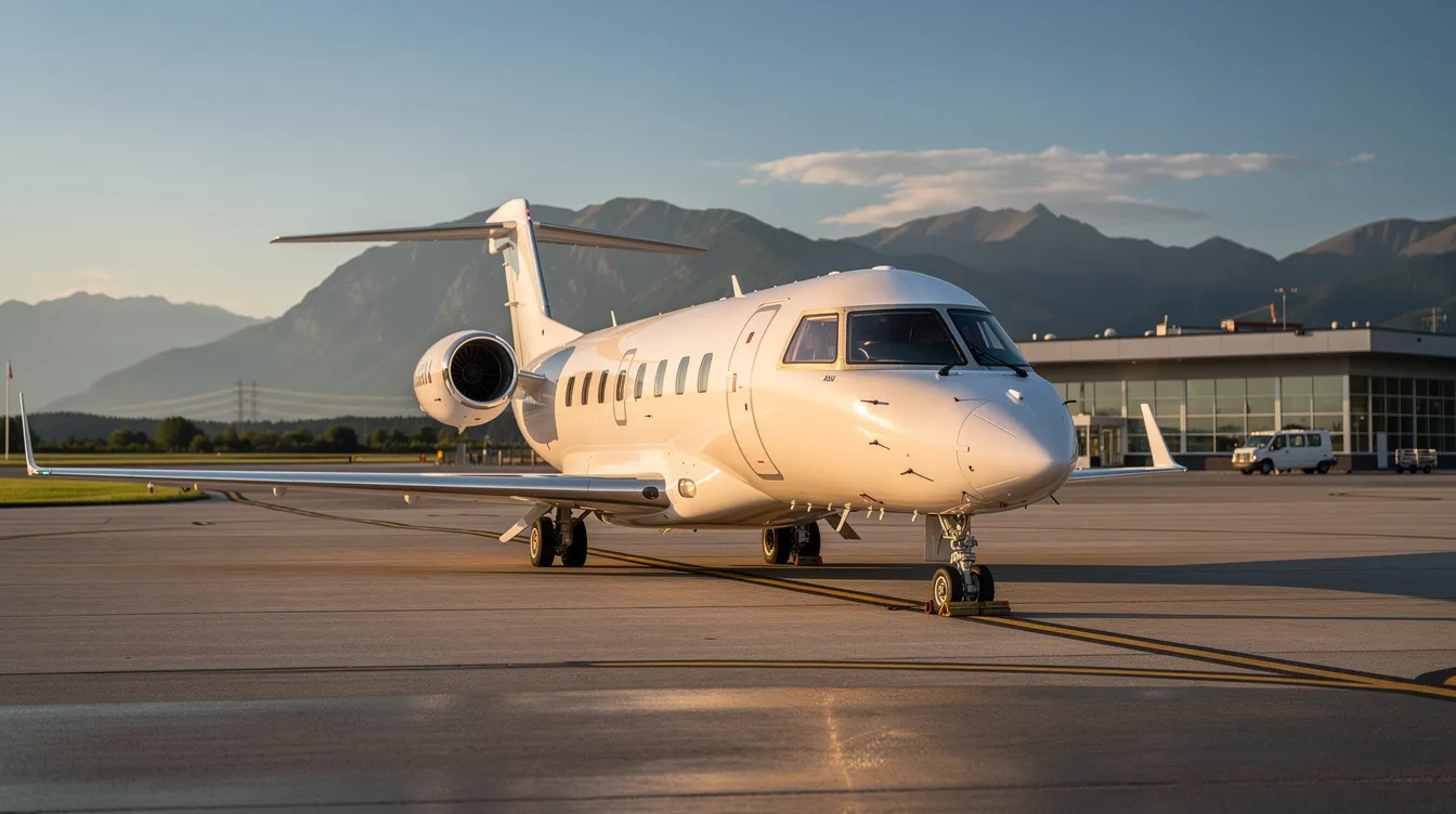 A sleek white business jet is parked on a private terminal ramp, with majestic mountains visible in the background. This luxurious aircraft represents the modern aviation industry, showcasing the efficiency and elegance of private jets in commercial aviation.