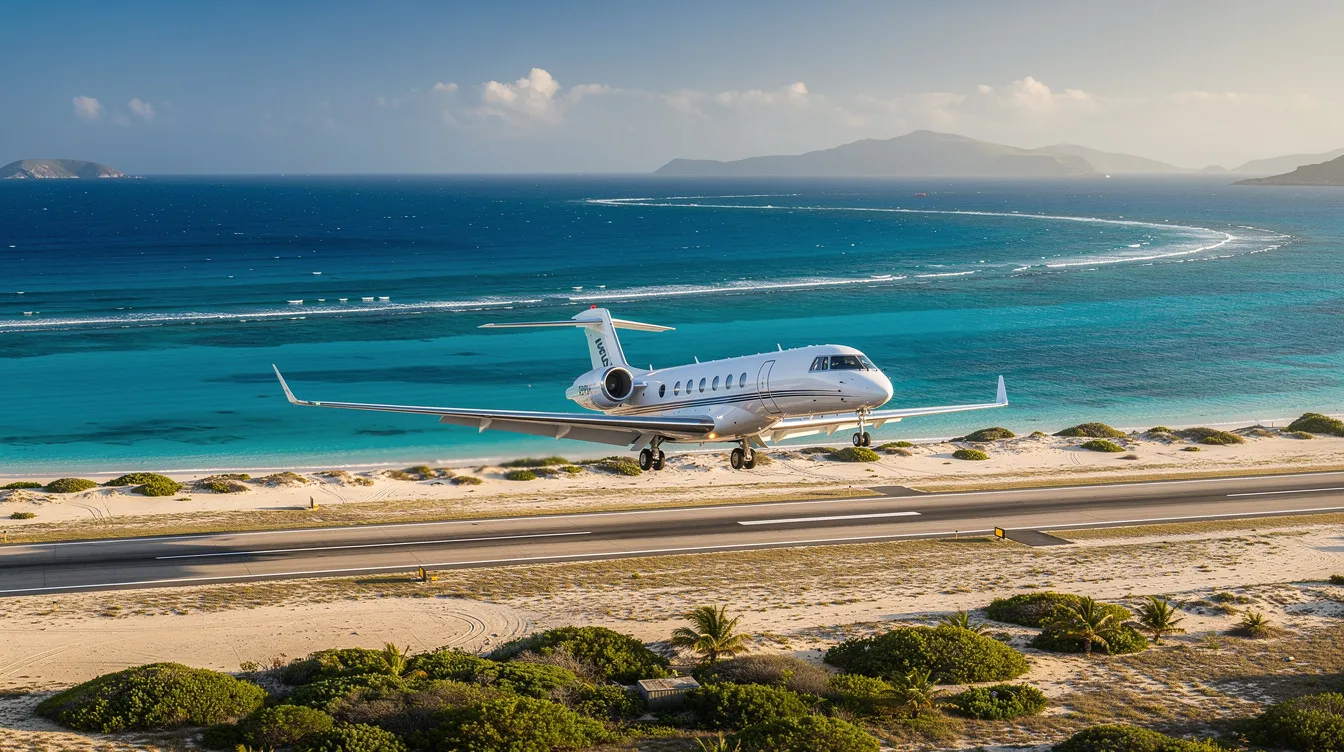 A small private jet is landing at a scenic coastal airport, with the vibrant turquoise water visible behind the runway. The image captures the elegance of the business jet against a stunning backdrop, highlighting the beauty of modern aviation.