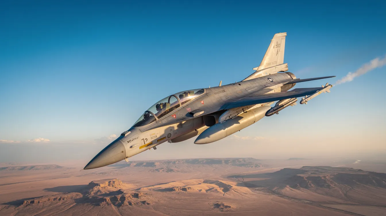 A two-seat military jet trainer, resembling the L-39 Albatros, is banking sharply against a clear blue sky, with vast desert terrain visible below. This high-performance aircraft showcases the thrill of fighter jet flight, offering a glimpse into the world of aviation and the raw power of flight maneuvers.