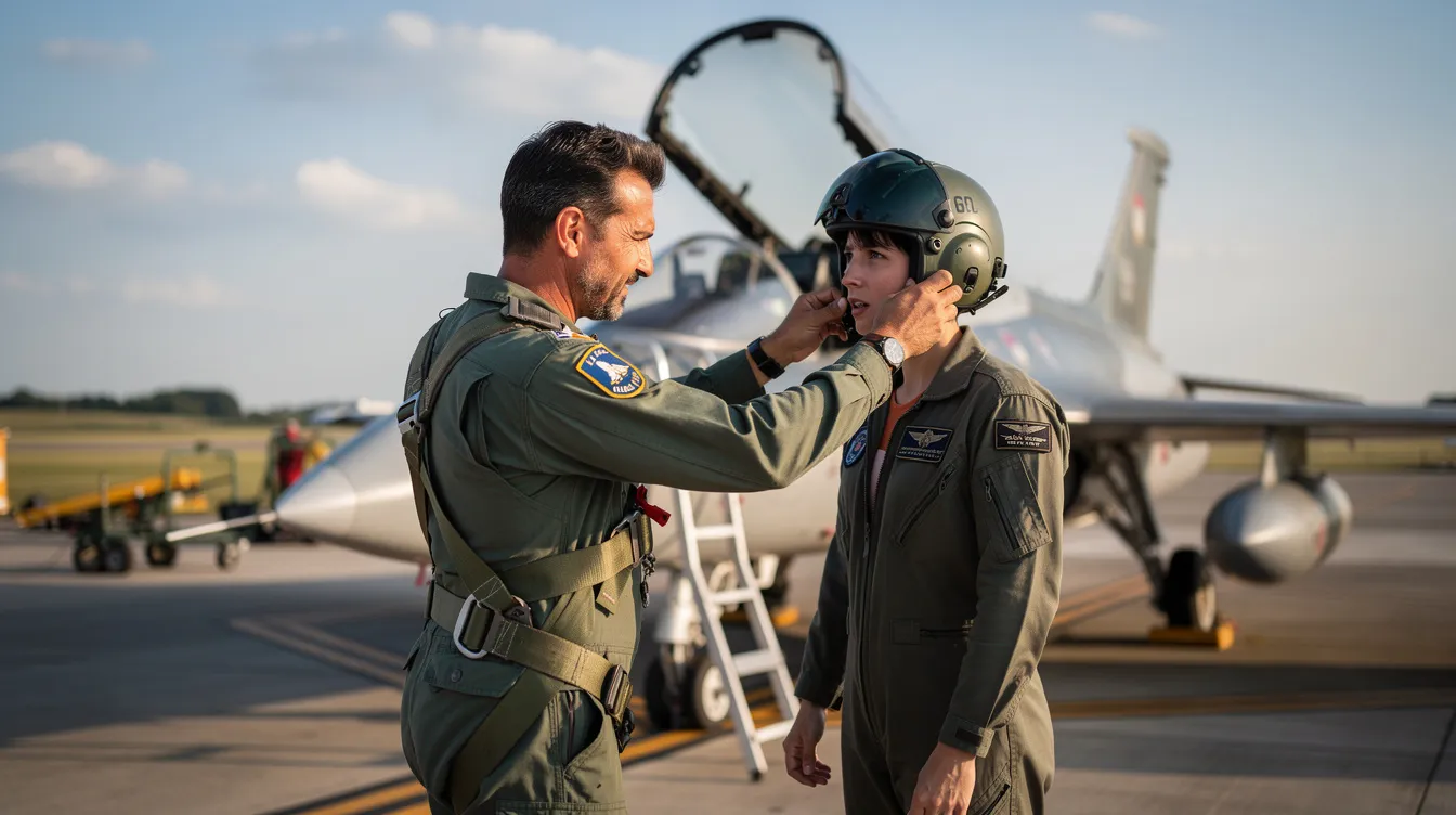 A pilot assists a passenger in putting on a flight helmet next to a two-seat L-39 Albatros military trainer jet, an aircraft known for its high performance and aerobatic capabilities. This moment captures the excitement of preparing for a fighter jet flight, highlighting the thrill of aviation and the adventure that awaits.