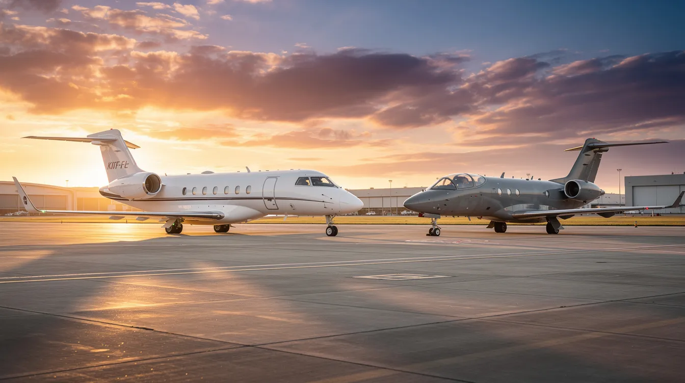 A private jet and a military trainer jet, specifically an L-39 Albatros, are parked side by side on an airfield tarmac, illuminated by the warm hues of sunset. The scene captures the raw power and elegance of these high-performance aircraft, symbolizing a thrilling aviation adventure.