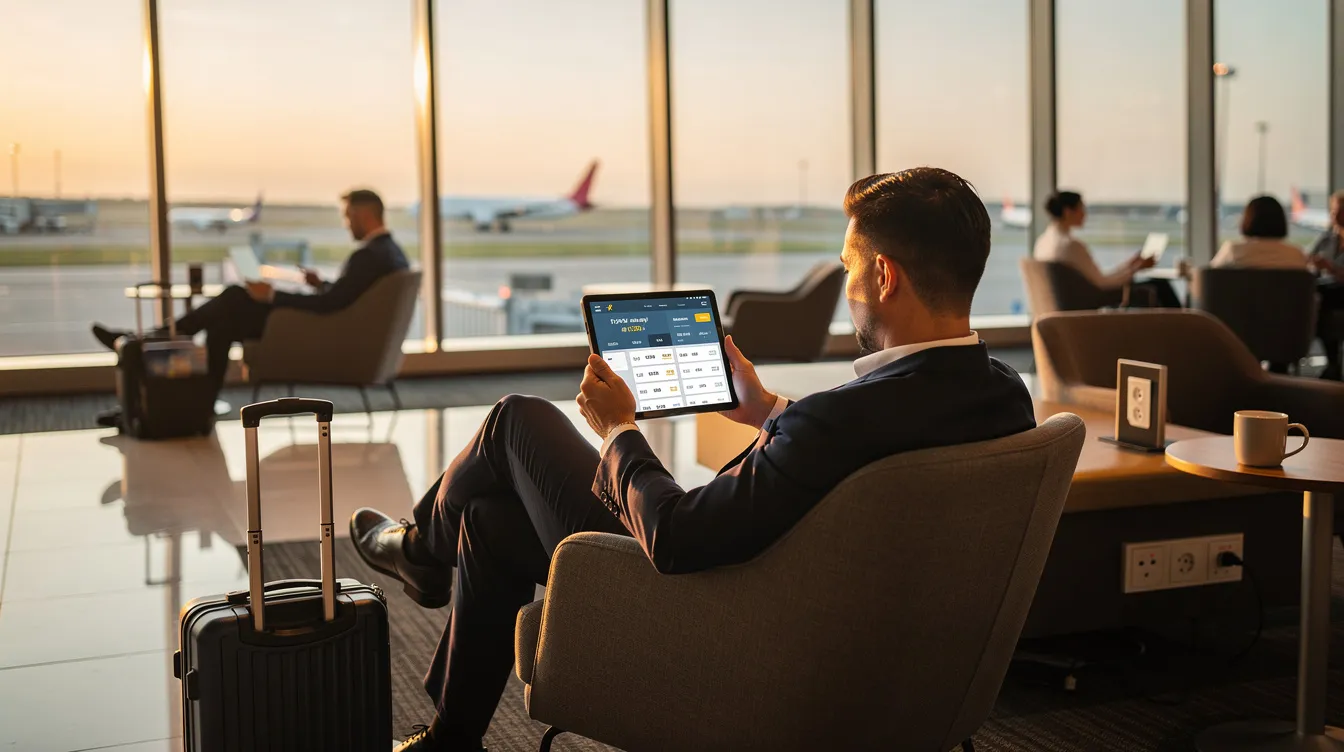 A business traveler is seated in a comfortable airport lounge, intently using a tablet to browse various flight options for private jet charters from ultimate jet charters. The setting reflects a modern atmosphere, ideal for planning upcoming trips efficiently.