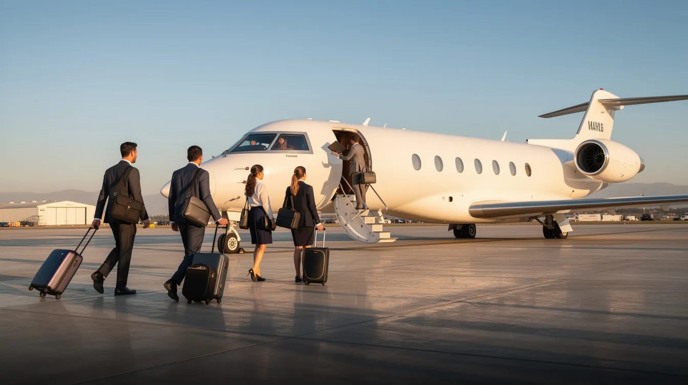 A group of business professionals is boarding a luxurious private jet on a sunny tarmac, ready for their flight with ultimate jet charters. The scene captures the essence of convenience and elegance in private jet travel.