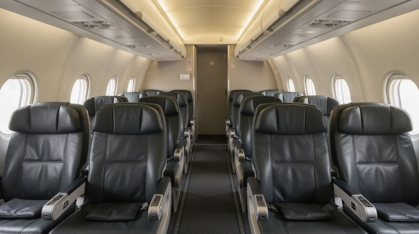 The image depicts the interior of a regional jet cabin featuring rows of plush leather seats and overhead storage compartments, emphasizing the comfort and convenience provided by ultimate jet charters. This inviting space is designed for a pleasant flying experience, showcasing the quality of service offered by the company.