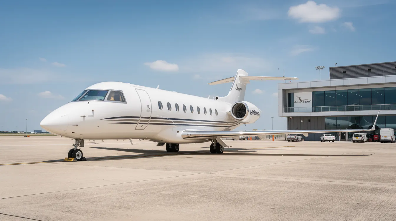 A Bombardier Learjet 55 is parked on a tarmac at a private aviation terminal, showcasing its sleek design with delta fins and a larger fuselage, ready to accommodate seven or eight passengers. The clear sky in the background highlights the aircraft's impressive performance and extended range capabilities.