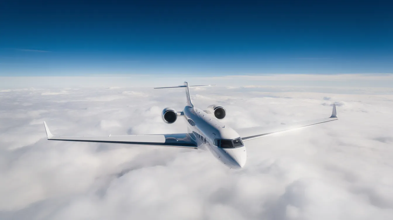 A Bombardier Learjet 55 flies high above a thick blanket of white clouds, showcasing its sleek design and impressive performance capabilities. The aircraft, capable of carrying seven or eight passengers, glides effortlessly under a clear blue sky, emphasizing its extended range and improved runway performance.