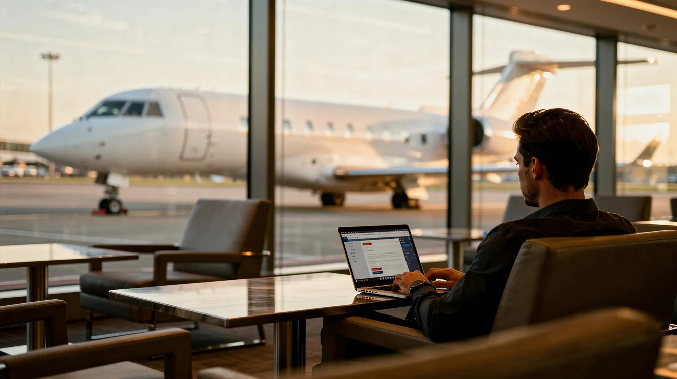 A person is sitting in an airport lounge, focused on their laptop, while a Bombardier Learjet 55 is visible through the large window, showcasing its sleek design and capability to accommodate seven or eight passengers. The scene captures a blend of modern technology and luxury air travel, highlighting the aircraft's impressive performance and spacious cabin.