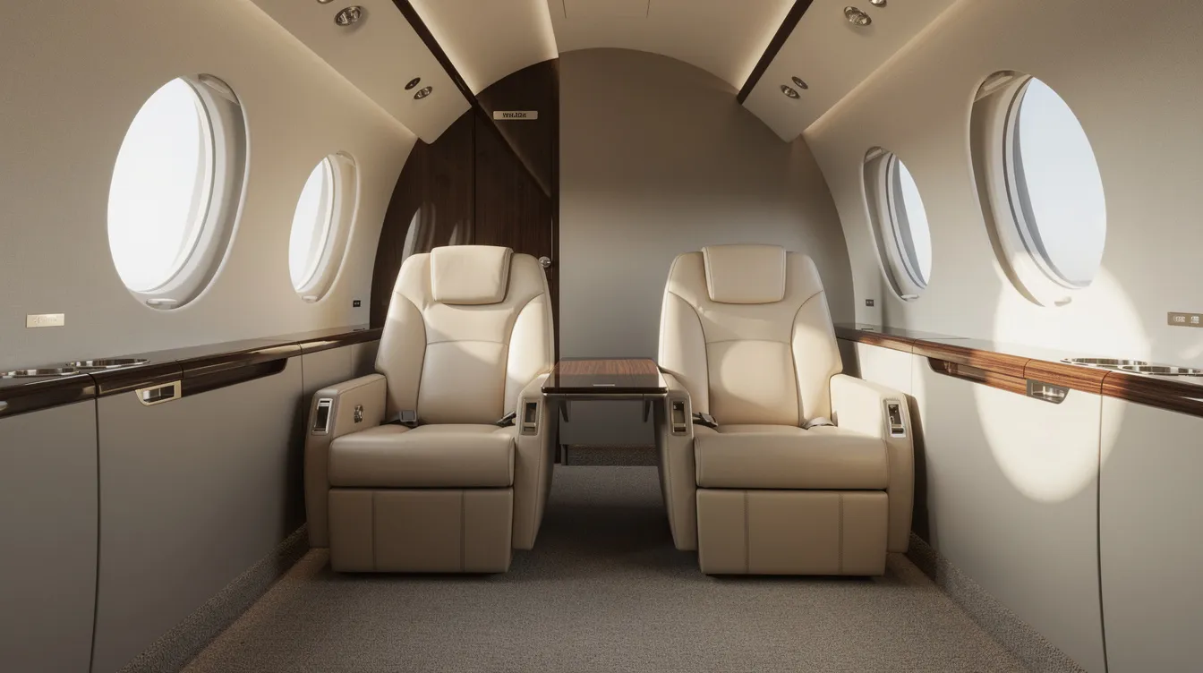 The image depicts the interior of a Bombardier Learjet 55 cabin, featuring plush leather club seats arranged to face each other, allowing for comfortable conversation among seven or eight passengers. Natural light streams through oval windows, enhancing the spacious and elegant atmosphere of this private jet.
