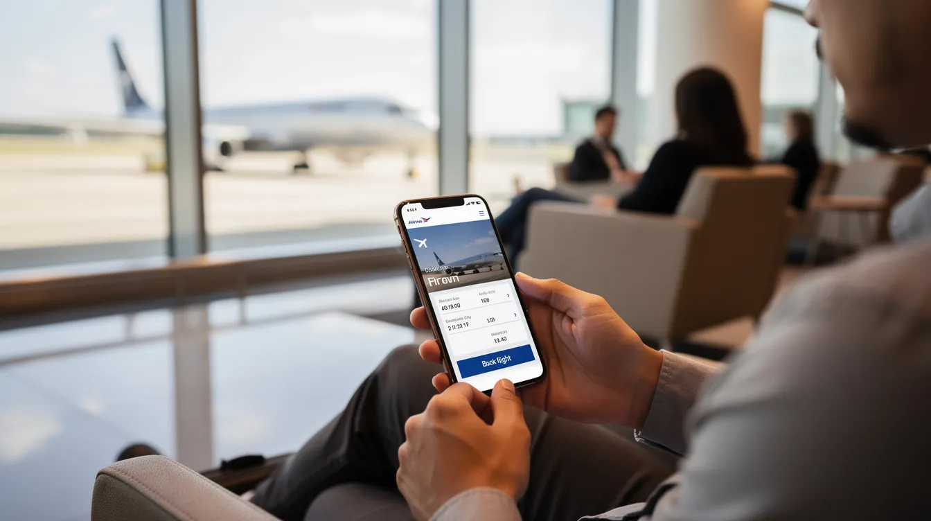A person is seated in an airport lounge, holding a smartphone that displays a flight booking interface, showcasing options for private aviation and luxury flight services. The scene reflects a commitment to excellence and reliability in meeting client schedules for business travel.