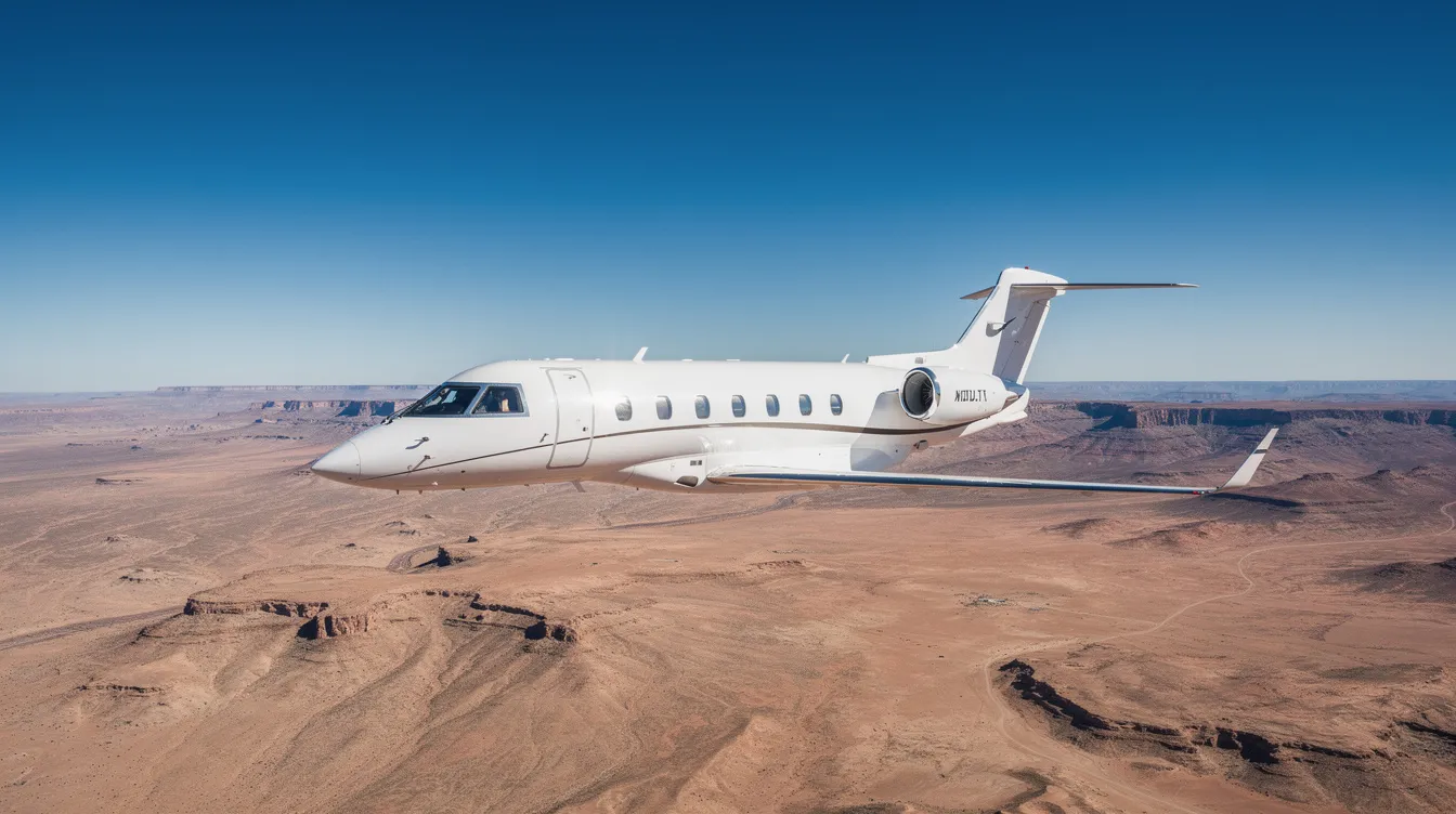 A sleek white midsize business jet, such as a Learjet 60, soars above the arid desert landscape under a clear blue sky, symbolizing luxury flight services and the commitment to meet client schedules in El Paso, TX. This image captures the essence of private aviation, where safety and reliability are paramount for passengers traveling to various destinations.