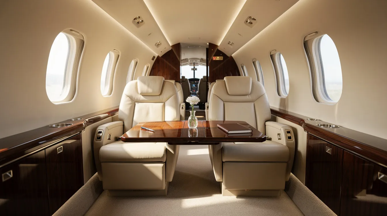 The image depicts the interior of a midsize private jet cabin, featuring plush leather seats arranged to face each other with a small table in between, creating a comfortable space for passengers to meet client schedules during their luxury flight services. The elegant design ensures reliability and safety while offering an atmosphere of peace and excellence for travelers.