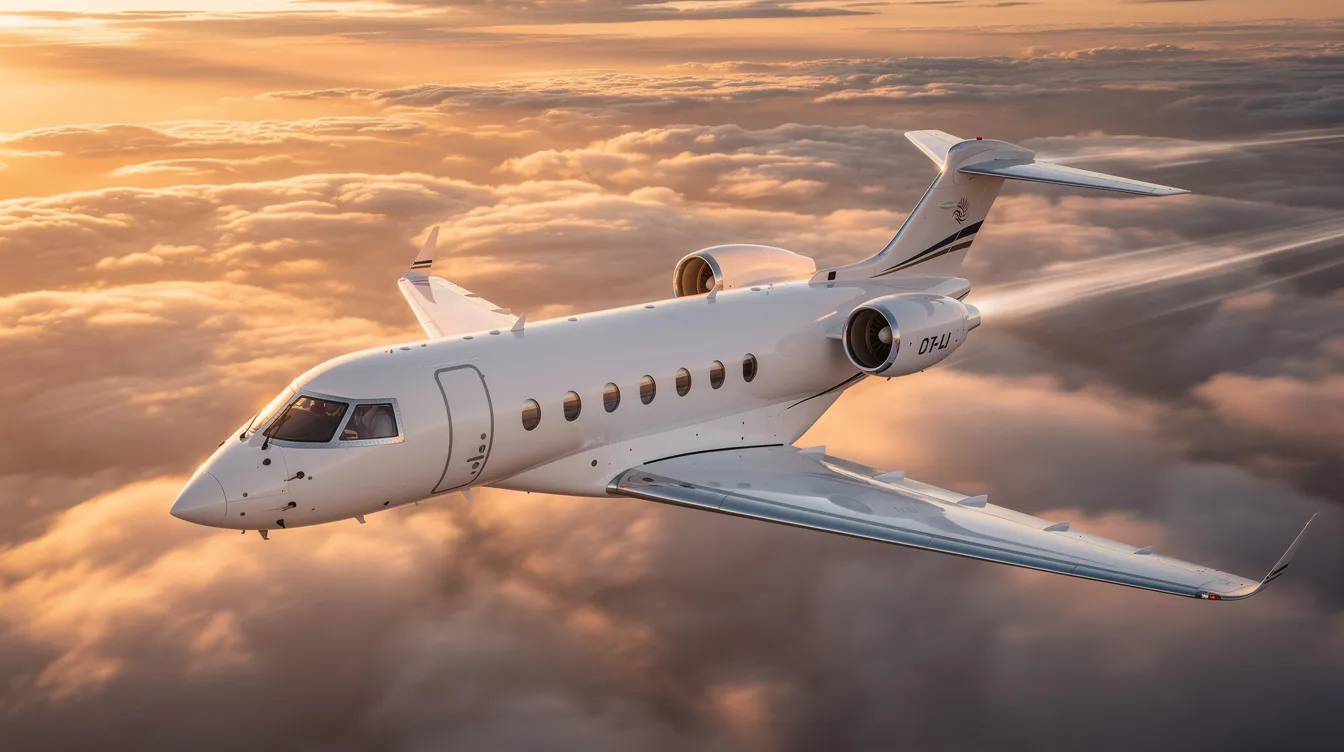 The image depicts a sleek private jet parked at a terminal, showcasing the luxury and efficiency of private aviation services. It highlights the benefits of using accurate aviation data for flight schedules and routes, ensuring customers have access to up-to-date information about their travel options.