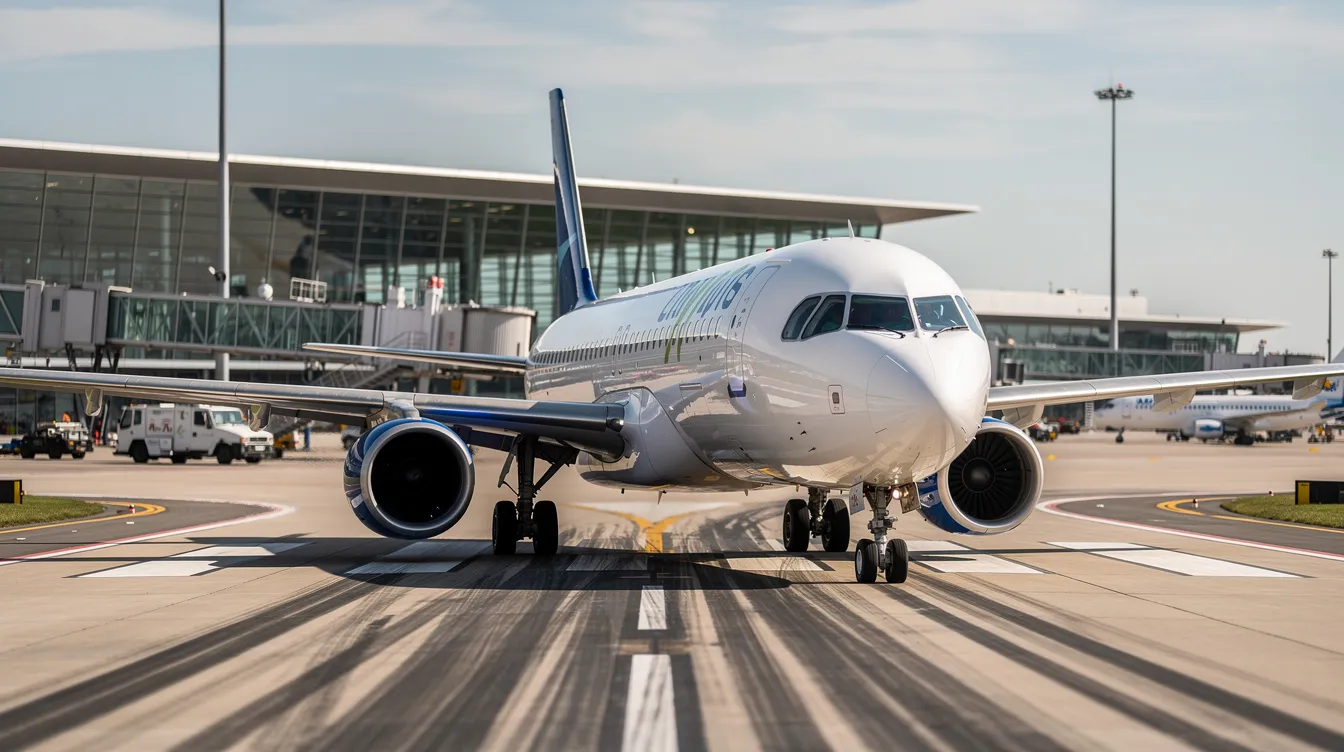 A commercial passenger jet from JetBlue Airways is taxiing on the runway at Kennedy International Airport, with terminal buildings visible in the background. This scene captures the dynamic environment of aviation, showcasing the aircraft's journey as it prepares for departure.