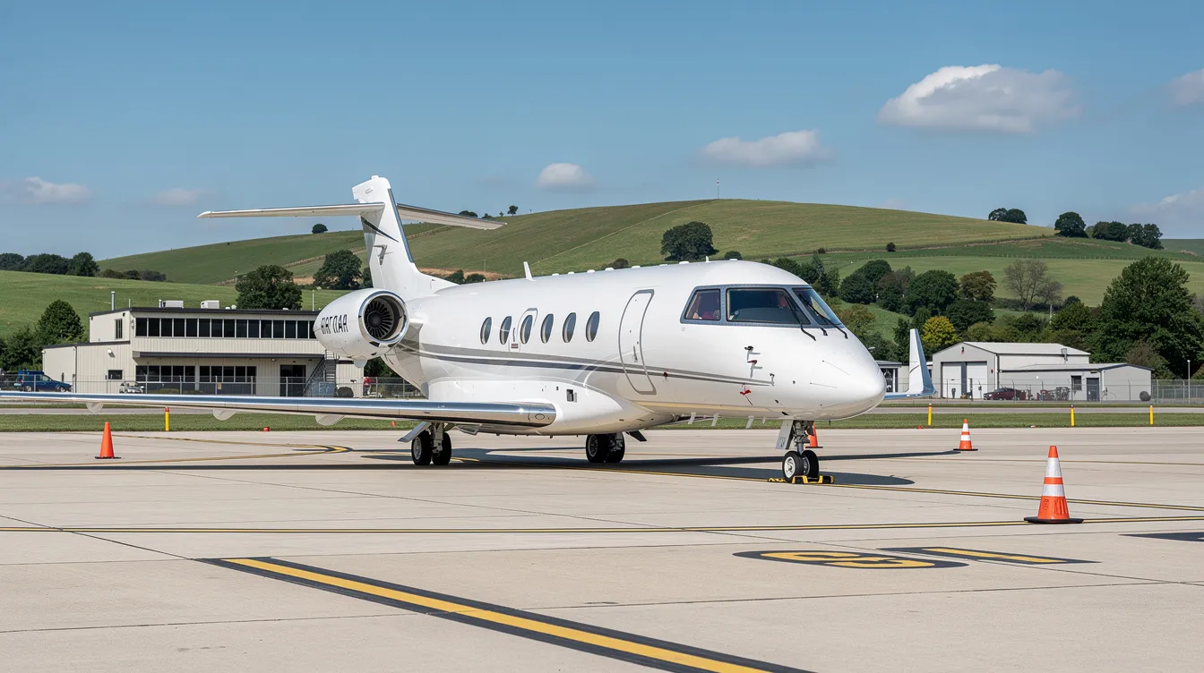 A small private jet is parked on the tarmac at a regional airport, with lush green hills visible in the background. This scene highlights the tranquility of aviation away from the bustling terminals, such as those at Kennedy International Airport.
