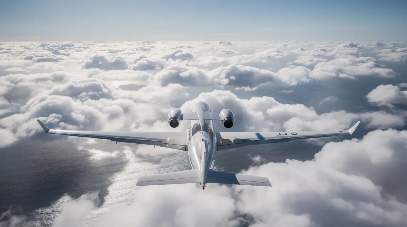 A private jet is soaring over the vast, open Pacific Ocean, with fluffy clouds scattered below, symbolizing luxury travel to destinations like Maui. This scene captures the essence of private jet charter flights, offering an exclusive and serene experience in the sky.